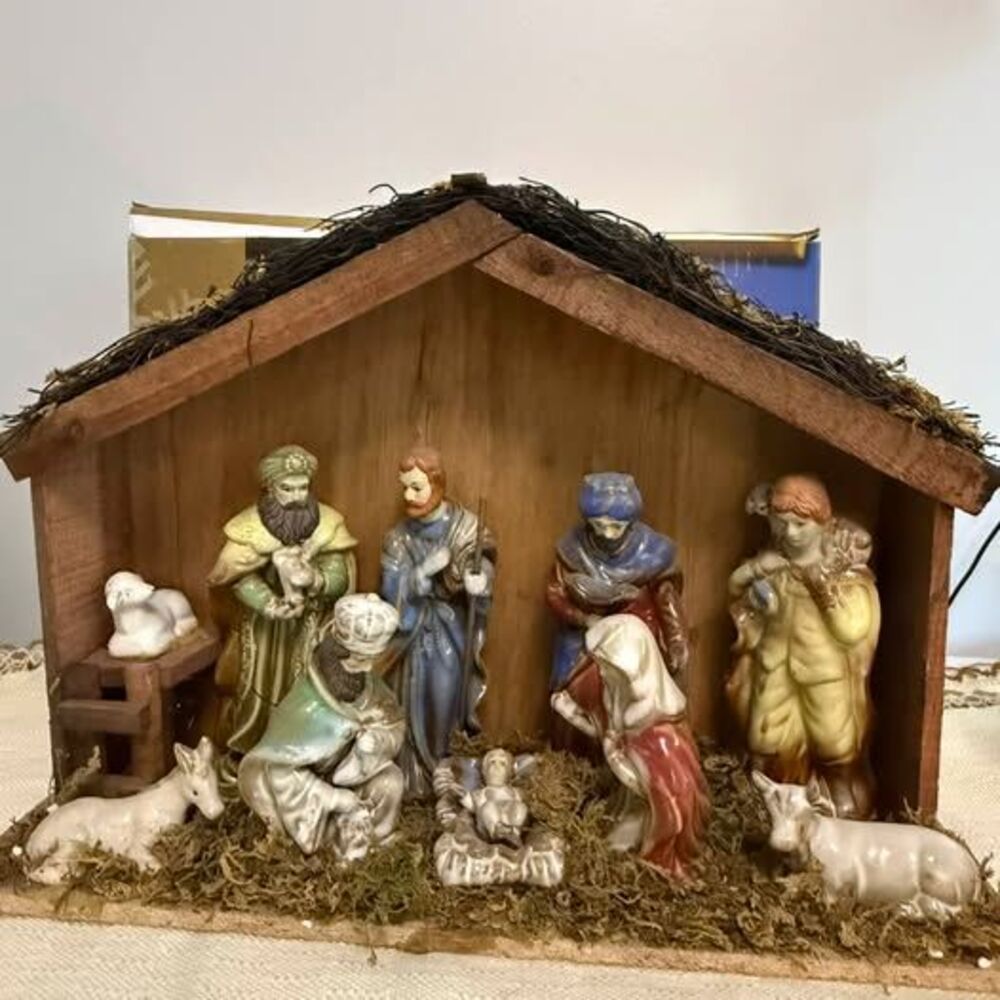 Ceramic Nativity Set with Wooden Stable